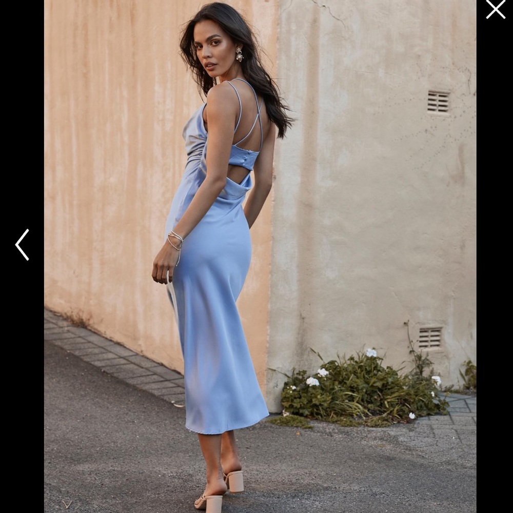 Soft Petal Midi Dress w Cowl Neck & Crossover Back